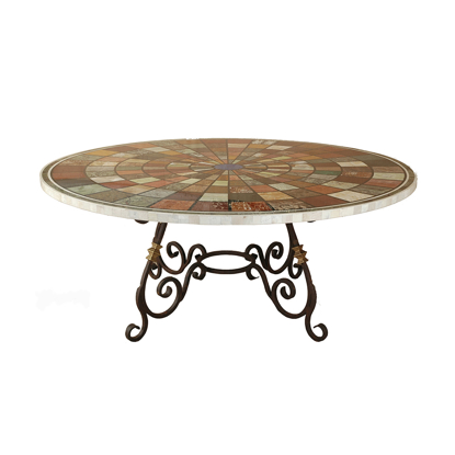 Round Dining Table in White Geometric Inlay with Wrought Iron Base