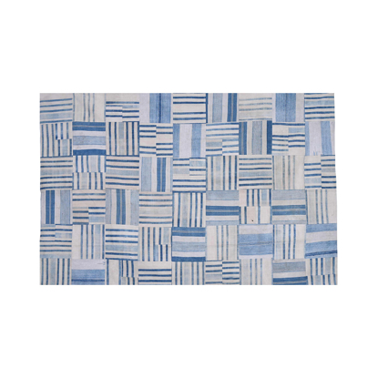 Shades of Blue Lines Vintage Patchwork Rug